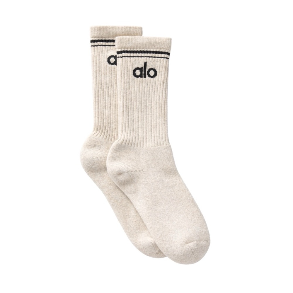 ALO unisex Yoga Oatmeal Crew Socks with Black Logo, BNIB Size Medium - Picture 2 of 4